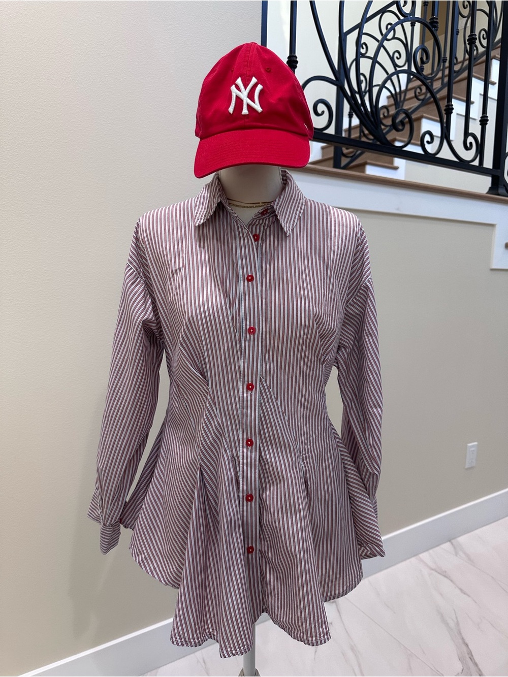Maeve Anthropologie Red White Striped Peplum Button Down Blouse